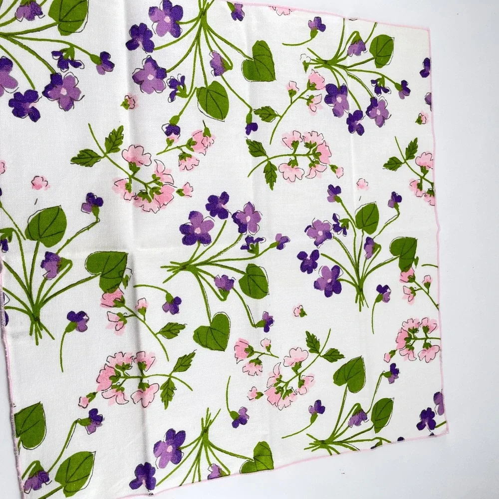 Vera Neumann 60-70s Floral Napkins x8 Crisp Vibrant Purple Violets Pink Edge Tag